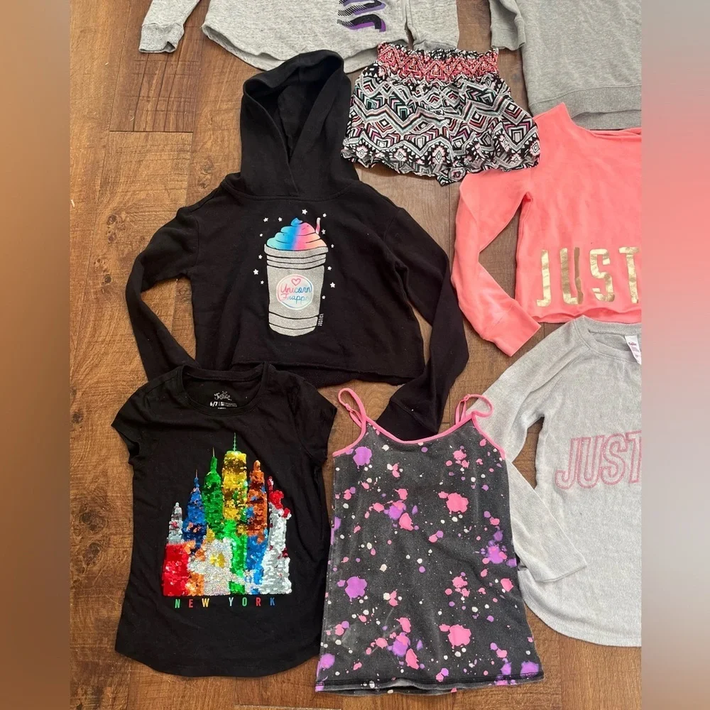 Justice girls clothing bundle 14 pieces Sz 6/7 shirts skirt leggings